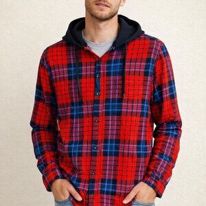 Edgar + Ash Plaid Cotton Long  Sleeve Button Up Hoodie LG NWT